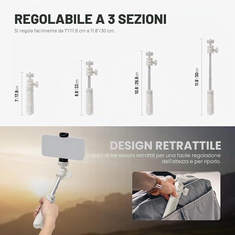 BASICS Mini Treppiede da Tavolo Selfie Stick Compatibile con iPhone GoPro Insta360 DJI, Piccolo Tripode Cellulare Android Fotocamera Webcam con Testa a Sfera Asse Elevato per Video,TP43 Bianco