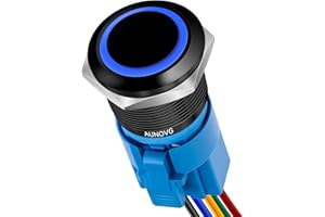 AUNOVG 22mm Latching Push Button Switch 12V- Electronic Switch, Button Light Switch, Multiple Wiring Optionsas for 12 Volt Push Button Switch, Marine Switch On Off, Horn Buttons(Black Shell,Blue LED)