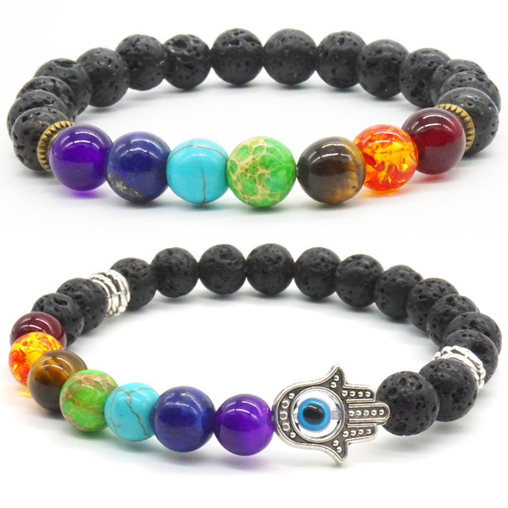 Thajaling 2pcs Natural lave Stone Bracelet 7 Chakras Bead Reiki Healing Bracelet for Woman Man Yoga Meditation Stretch Bracelet