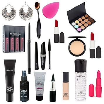 A66 combo set of 3 lipstick, foundation brush, compact, 2 primer, conceller, conceller pallate 15 shade, pink edition, bbcream, fixer, liner, mascara, kajal, earings, sponge