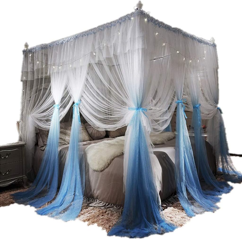 ObokidlyPrincess 4 Corners Post Canopy Mosquito Net，Bed Canopy Romantic Mosquito Net for King Queen Full Twin Size Bed (Blue, California King)