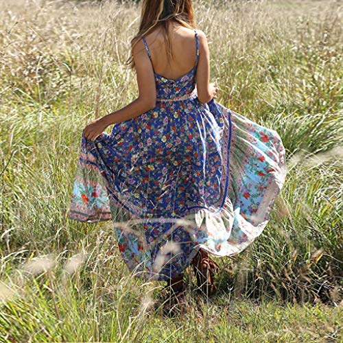 Women's Summer Long Dresses Casual Bohemian Empire Waist Pleated Maxi Dress Halter Beach Swing Flowy Dresses (Blue4, L/US:8)