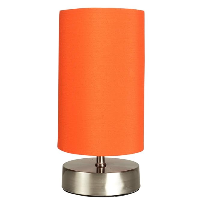 Modern Brushed Chrome Touch Dimmer Bedside Table Lamp with Orange Cylinder Light Shade
