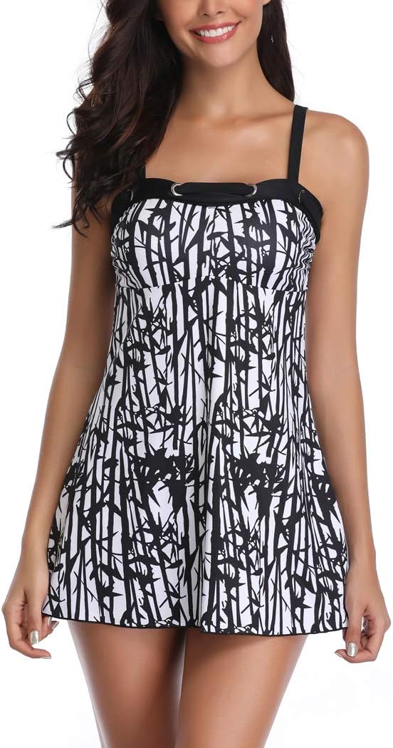 Women Elegant Tankini Plus Size Two Pieces Swimsuit Classic Black Wavy Stripe Swim Dress with Short Tummy Control Swimwear