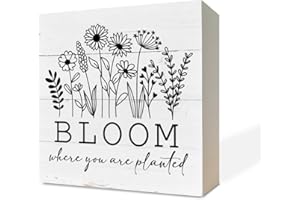 RAZPAH Spring Wood Sign, Wooden Box Sign Desk Decor, White Wood Box Sign, Inspirational Wood Sign, Spring Quotes, Shelf Table Decoration, Rustic Home Decor, Farmhouse Decor, Bloom Where You Art Planted