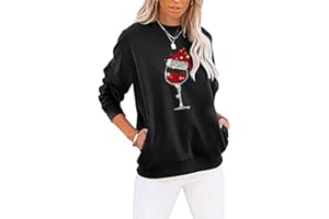 Fuyxxmer Womens Christmas Sweatshirt Red Wine Glass Santa Hat Graphic Sweater Long Sleeve Pullover Blouse Tops with Pockets
