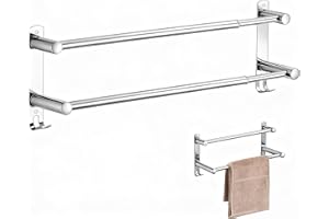 No Drill Heavy Duty Towel Holder, Stainless Steel Wall Mounted Double Rack with Hooks, No Screws Needed for Bathroom Kitchen,