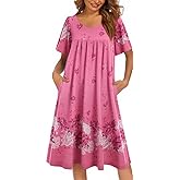 Ekouaer Women's House Dress - Pleated Nightgown with Short Sleeves & Pockets