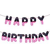 Pink Black Happy Birthday Banner, Cartoon Themed Birth Birthday Party Decorations Letter Hanging Backdrop Garland Photo Prop for Girl Kids Party Favors Supplies Wall Decor