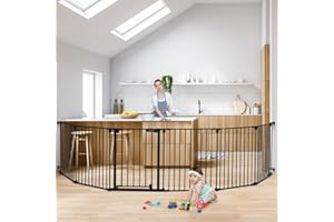 COMOMY 150" Extra Wide Baby Gate with Door, Dog Gates for The House Doorways Fireplace, Auto Close Baby Fence Play Area, Walk Through Pet Gate, Hardware Mounted, 6-Panels (30" Tall, Black)
