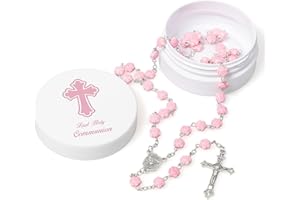 PUGEZ First Holy Communion Rosary Set, Baptism Confirmation Keepsake Gift with Pink Rose Shaped Bead, Presents for Christening/Religious, with Prayer Card and Box