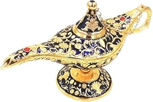 (Large Dark Blue) - Honoro Vintage Legend Aladdin Magic Genie Lamp - Metal Carved Wishing Light for Home Wedding Party Tablet