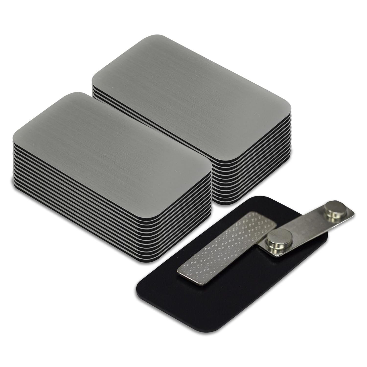 Brushed Silver Name Tag Blanks – 25 Pack, 1.5" x 3", Round Corners, Engravable Plastic Badges with Magnetic Backing – All Quality Badges