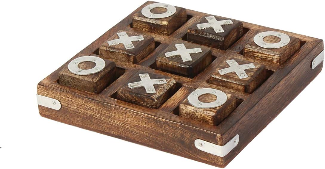 Artisans Of India Wood Board Travel Game Tic Tac Toe for Fun Game XOXO 4 Inches Portable Dark Brown Antique Kids Game