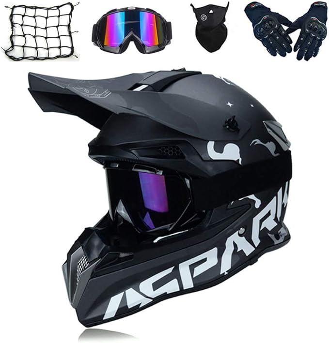 MRDEAR Motocross Helm Schwarz, Motorrad Crosshelm Set mit Brille