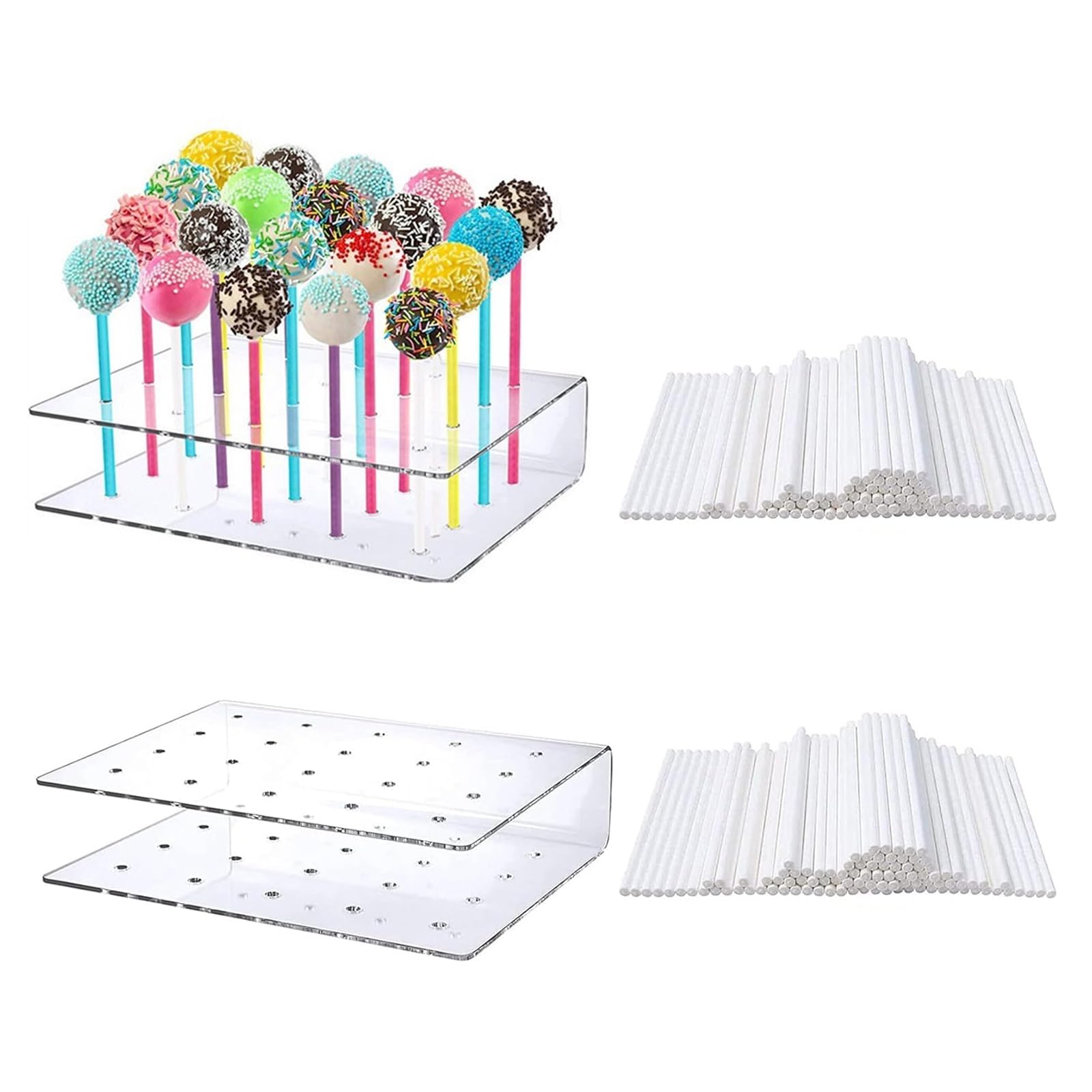 Cake Pop Stand, 2 Pcs Cake Pop Display Stand, 20 Holes Acrylic Lollipop Holder Transparent Cake Pop Display Stand with 200Pcs Paper Sticks for Weddings Parties and Anniversaries