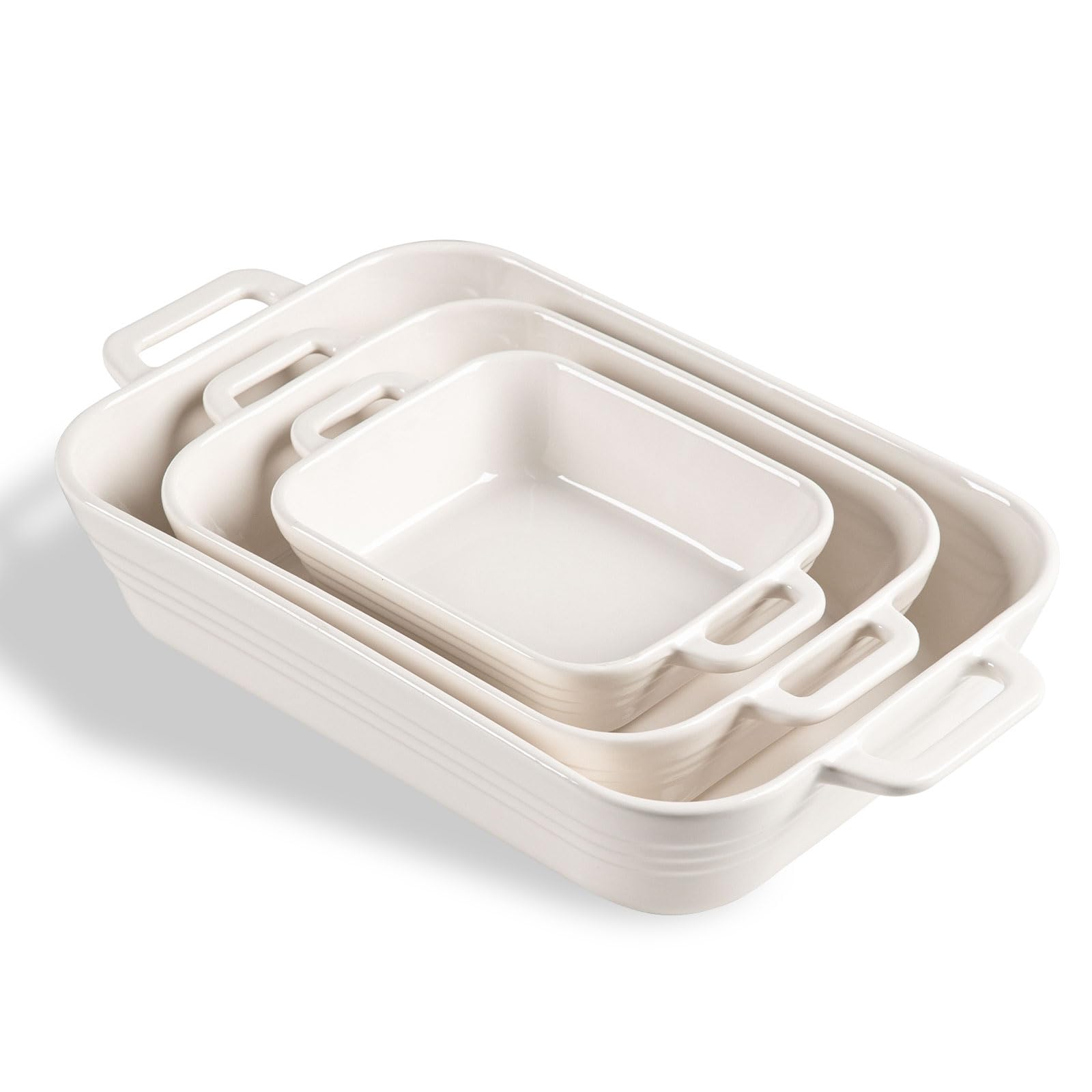Photo 1 of **HANDLE ON MIDDLE TRAY BROKEN SEEN IN PHOTO**Sweejar Relief Casserole Dishes for Oven, Ceramic 9x13 Baking Pans Set for Cooking, Cake, Banquet and Daily Use, Rectangular Bakeware Set, Porcelain Baking Dish, Lasagna Pan Deep with Handles(White)