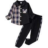 FOCICI Boy Clothes Fall Winter Outfits Long Sleeve Plaid Patchwork Button Down Shirt + Casual Pocket Sweatpants 5-14 Years