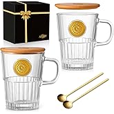 ANBFF Vintage Glass Coffee Mugs Set of 2, 15oz Embossed Glass Coffee Cups with Bamboo Lids and Spoons, Handmade Clear Tea Cups with Handle and Gift Box - for Cappuccino, Latte, Milk