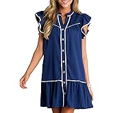 AIWUFLY Women's Button Down Ruffle Cap Sleeve Mini Dress V Neck A Line Flowy Babydoll Short Dresses with Pockets