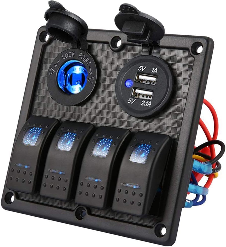 JDMON 2 Gang 12V Switch Panel – ON-OFF Rocker Toggle With USB Charger & Voltmeter, Waterproof IP67 For Boat, Marine, RV, Truck
