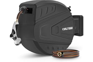 ONLYSEE Retractable Garden Hose Reel, 1/2" x 100ft, Wall Mounted, Auto Rewind, Black, Multi-Function Spray Nozzle