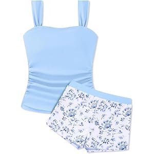 Girls Tankini Swimsuit 2 Piece Bathing Suits Square Neck Ruched Waist Tank Tops and Graphic Print Swim Shorts Sets 9-15Y