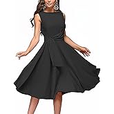 FENJAR Women's Elegance Audrey Hepburn Style Ruched Dress Round Neck Sleeveless Swing Midi A-line Dresses