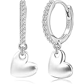 Heart Dangle Hoop Earrings White Gold Plated Sterling Silver CZ Heart Love Hoop Earrings Huggie Earrings Highly Polished Dainty Minimalist Lightweight Jewelry Gifts for Women Girlfriend Wife Birthday