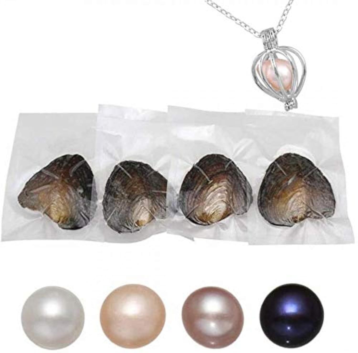 Freshwater Pearl Oyster Round Pearls Various Shining Meaningful Color, Oysters with Pearls Inside with DIY Necklace Gift for Women (7-8mm/4Pcs)