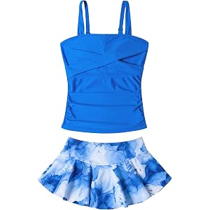 Kdwdvbn Girls Swimsuit Tankini Set with Swim Skirt Two Piece 7-16 Years