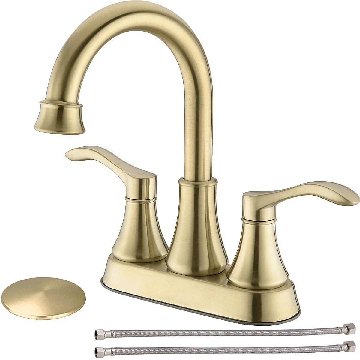 TRUSTMI 4-Inch Centerset Bathroom Sink Taps with Pop Up Drain Assembly, 2-Handle 3 Hole Deck Mounted Vessel 360-Degree Swivel Spout, Brushed Gold