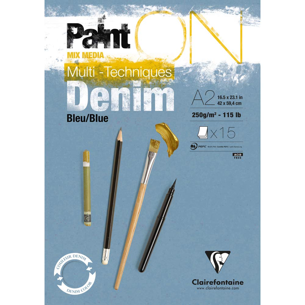 Clairefontaine 975703C PaintON Multi-Technique Glued Pad - 15 Sheets of Multi-Technique Drawing Paper with a Slightly Rough Grain - Denim - A2 42x59.4 cm 250g