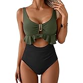 B2prity Womens One Piece Swimsuit Tummy Control Ruffled Bathing Suit V Neck Cutout Swim Suit Tie Back Swimwear