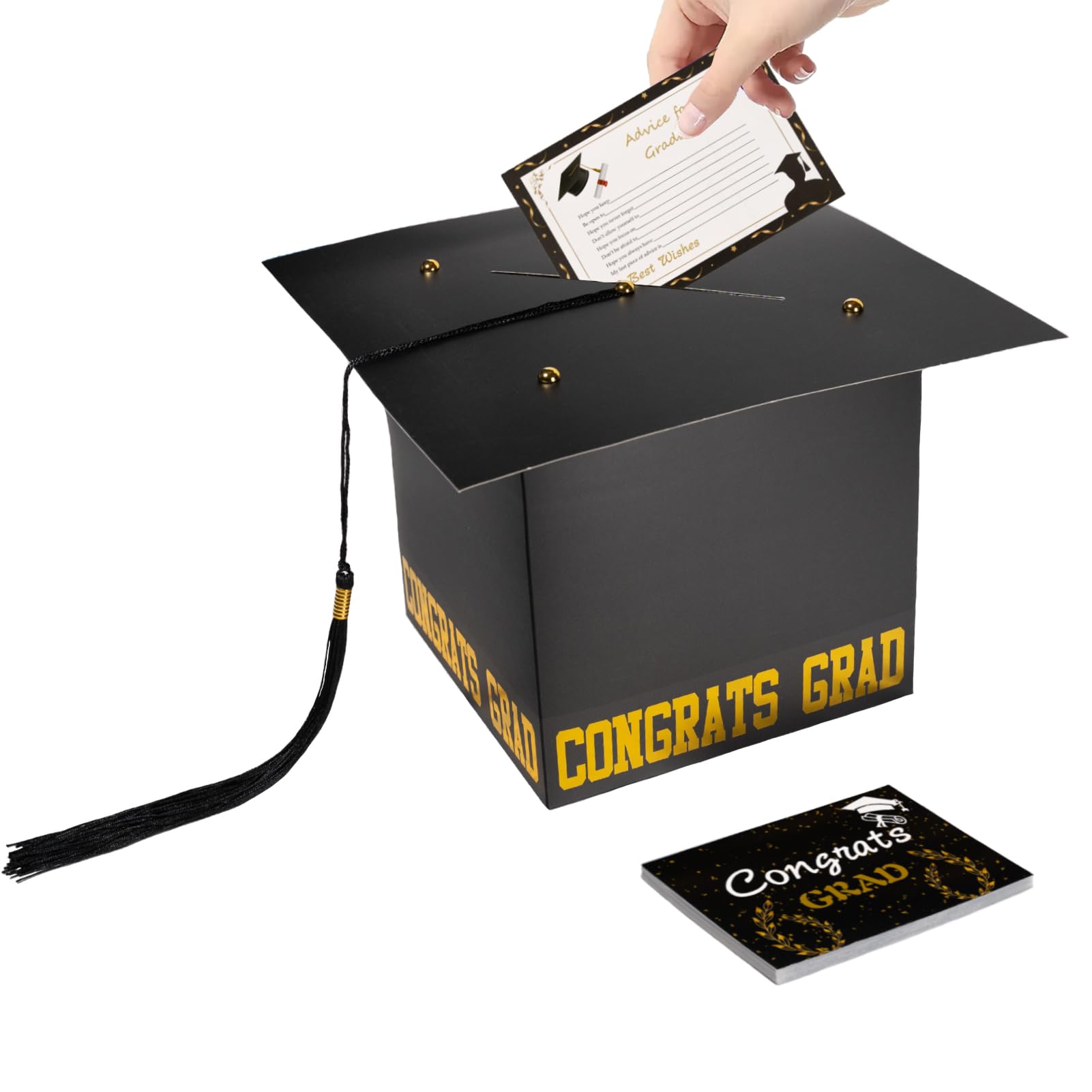 Photo 1 of Phedrew 2025 Graduation Card Box with 50Pcs Graduation Cards Graduation Cap Card Box Graduation Card Holder Graduation Party Decoration Supplies (Black Box Black Tassel with cards)