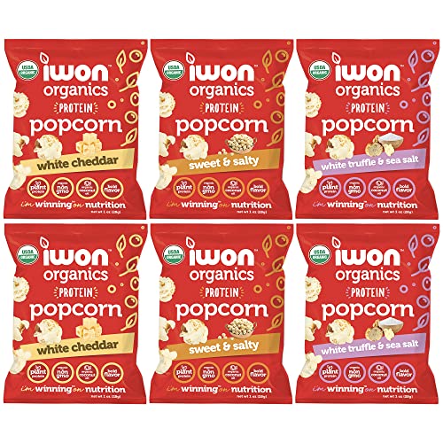IWON Organics, Variety Pack of Protein Popcorn, Organic Healthy Snacks, 6 Bags, 3 Flavors, 1 Ounce Each