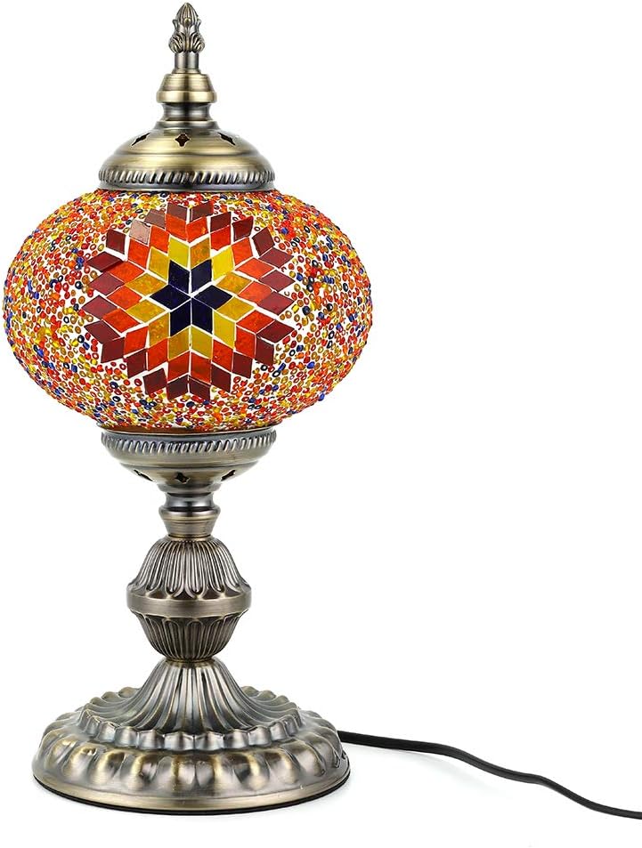 Kindgoo Turkish Mosaic Table Lamp Handmade Tiffany Style Glass Lamp for Living Room, Led Light Bulb Included (Brown)