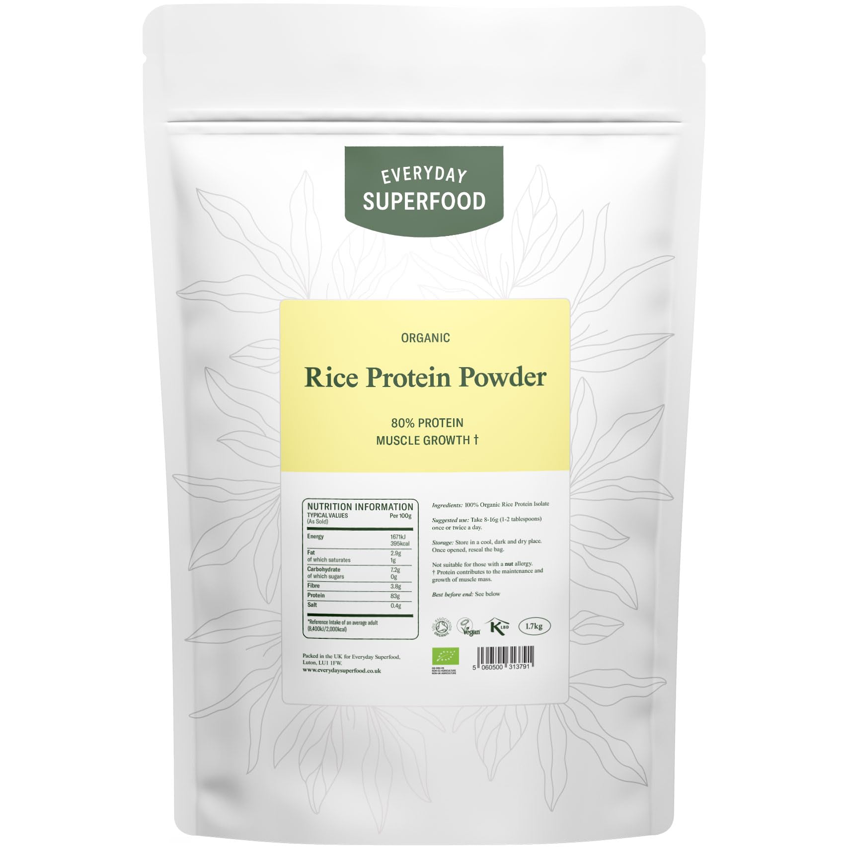 Everyday Superfood Organic Rice Protein Powder, 1.7kg | Natural Water-Based Extraction from Brown Rice | Labe Tested | Unflavoured