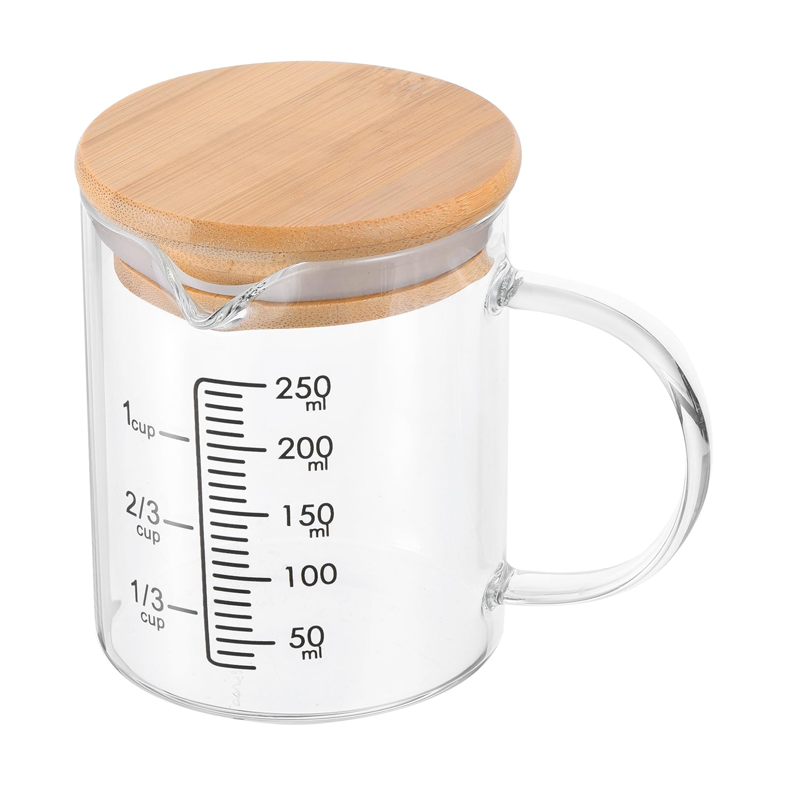 PATIKIL 250ml Glass Measuring Cup, 3.3 Borosilicate Glass Graduated Black Printed Scale Liquid Measure Cups Beaker with Wood Lid and V-Shaped Spout for Kitchen