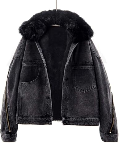 black denim jacket with fur womens