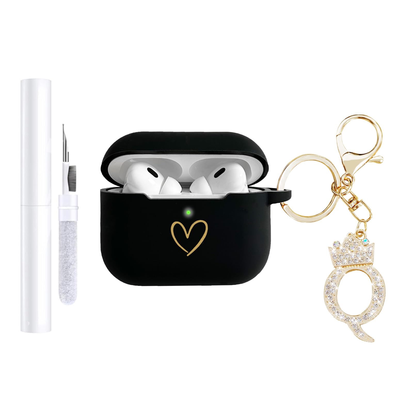 AIIEKZ Compatible with AirPods Pro 3 Case Cover (2025), Soft Silicone Case with Gold Heart Pattern for AirPods Pro 3rd Generation Case with Rhinestone Studded Letter A-Z Keychain (Q Black)