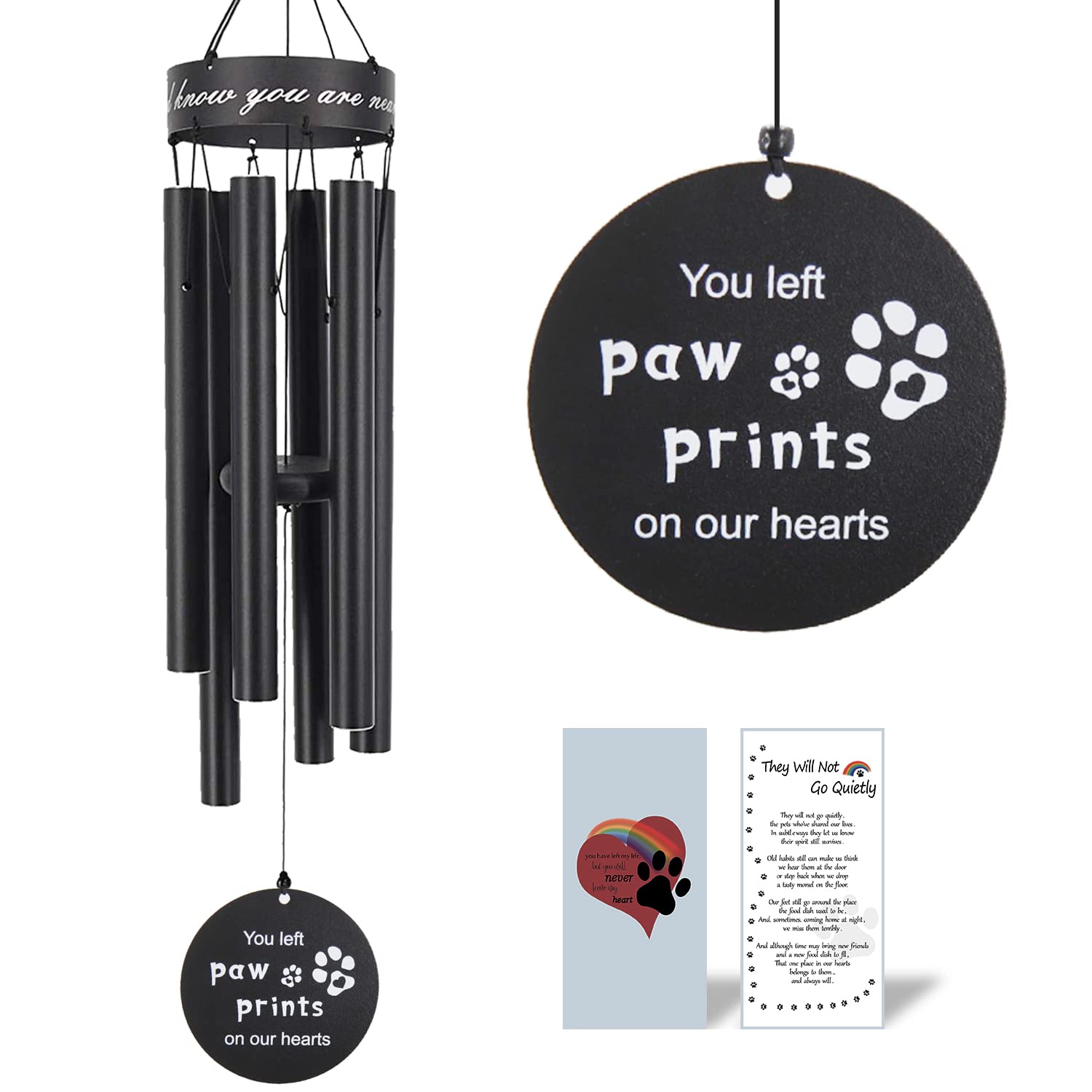Pet Memorial Wind Chimes, 30 Inches Paw Print Pet Remembrance Gift to Honor and Remember a Dog, Cat, or Other Pet, Premium Metal Wind Chime, Black