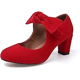 LIURUIJIA Women's Bow Mary Janes Block Chunky Heels Pumps Round Toe Ankle Strap Dress Shoes Wedding Evening Party Red Suede US 9