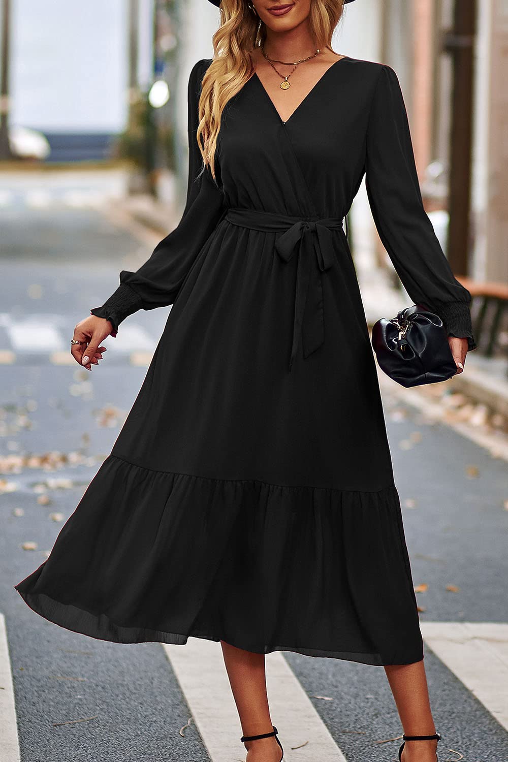 PRETTYGARDEN Women's Floral Boho Dress Fall Long Sleeve Wrap V Neck Ruffle Flowy Maxi Spring Wedding Guest Vacation Dresses