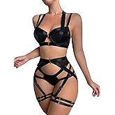 Lilosy Sexy Lingerie Set 3 Piece Women Outfit Bra Panty | Strappy Garter Goth Plus Curvy Leather Harness Push Up Exotic Halloween Christmas Valentines Boudoir