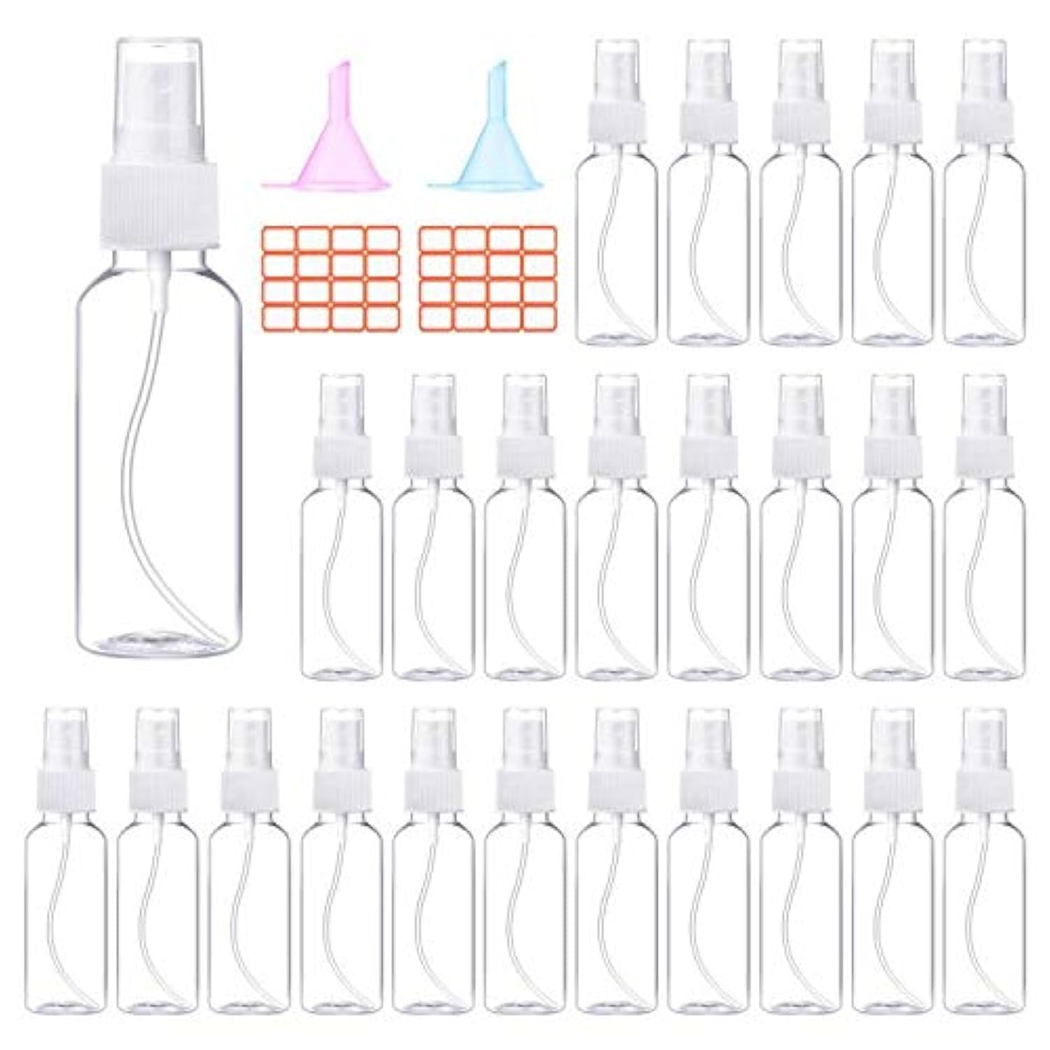 Photo 1 of 24 Pcs Spray Bottles 2oz / 55ml Clear Empty Mini Spray Bottles Refillable Container Pocket Size Sprayer Set Essential Oils Travel Cleaning Makeup Bottles with 2pcs Funnels 32pcs Labels