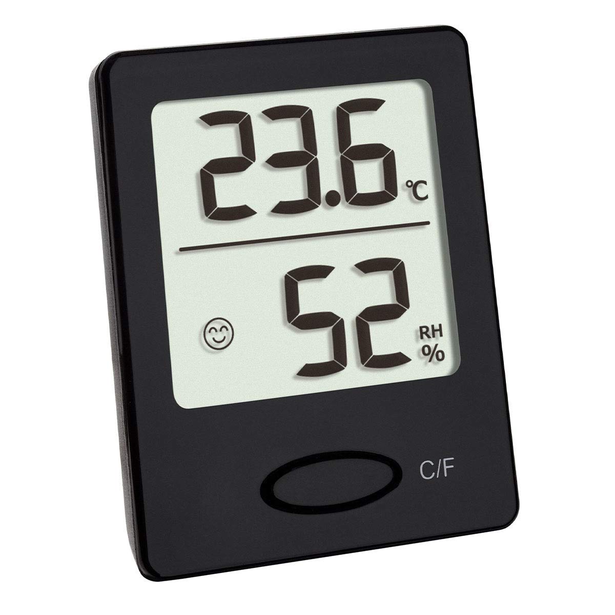TFA Dostmann Digital Thermo-Hygrometer, Hygrometer Digital Indoor Humidity Meter for Mould Prevention, Healthy Room Climate with Smiley Face with Comfort Zones, 4.6 x 5.9 cm, Black