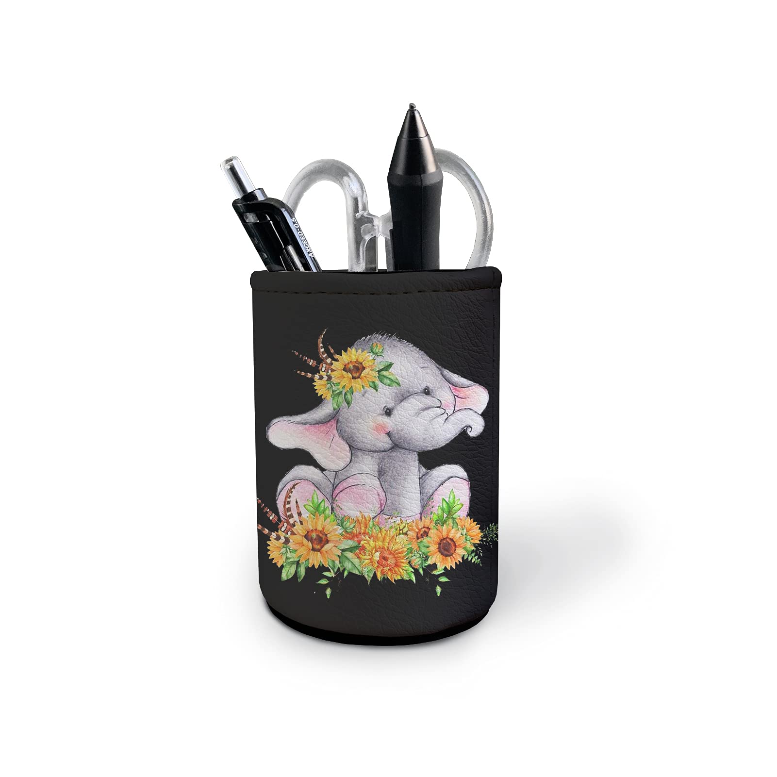 Coloranimal Sunflower Elephant Print Pen Holder for Desk PU Leather Round Stationery Storage Box Makeup Brush Holders Office Home School Desk Organizers Accessory