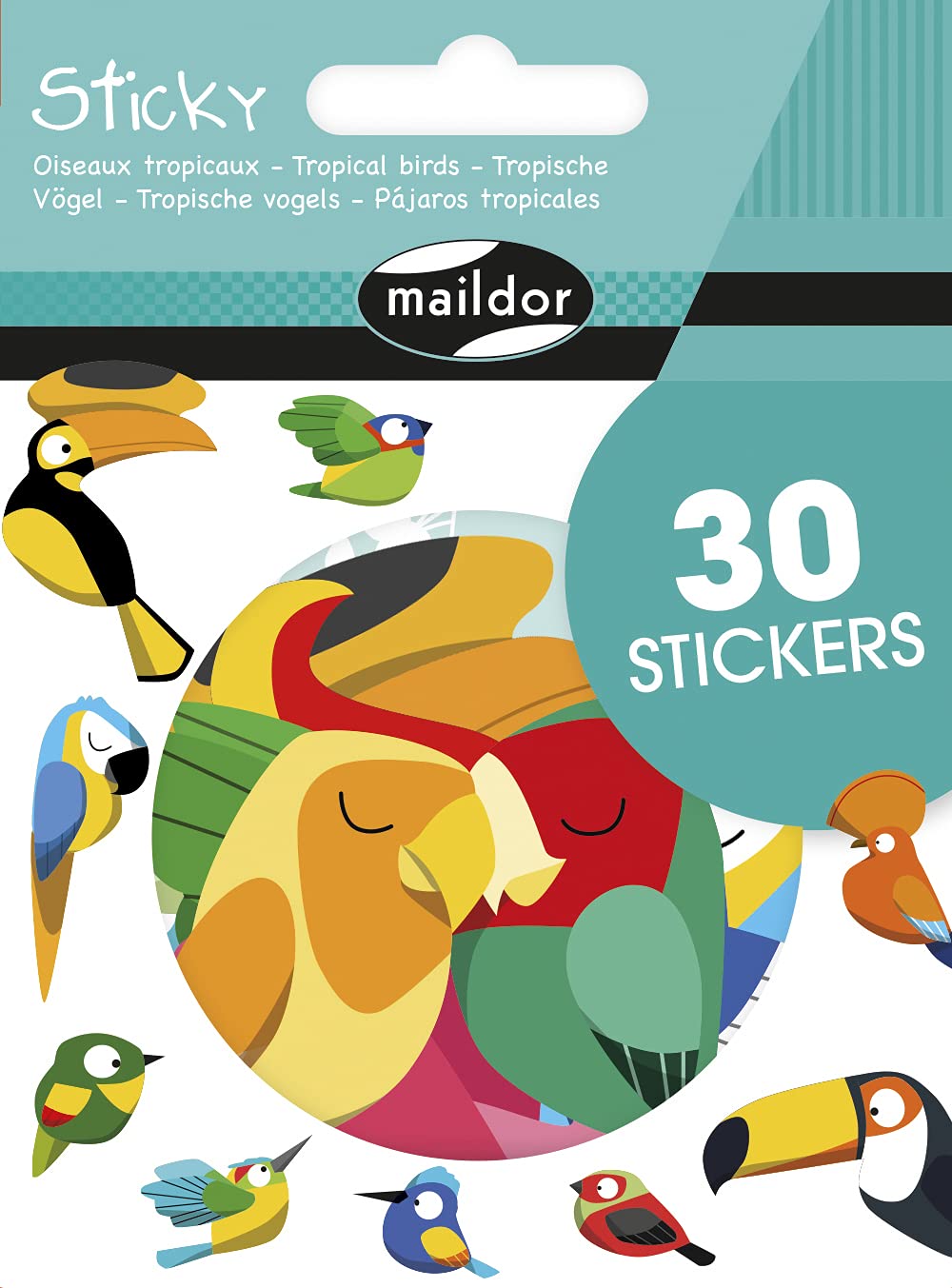 Maildor AE178C - Sticky STICKERS - 30 PRE-CUT STICKERS IN A PACK - TROPICAL BIRDS THEME - Children's Arts and Crafts Accessories - Creative and Leisure