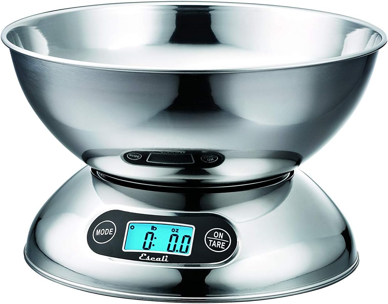 Escali Rondo R115 Contemporary Kitchen Bowl Scale 2-Quart, Dishwasher Safe Bowl, Measures Liquids and Dray Ingredients, LCD Digital Display, 11lb Capacity, Stainless Steel